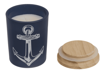 Candle in glass with wooden lid, Sea,