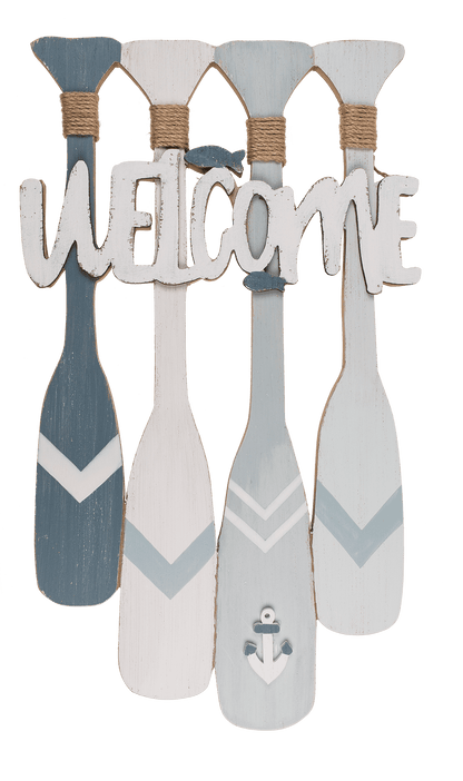 Wooden sign with oars, Welcome,