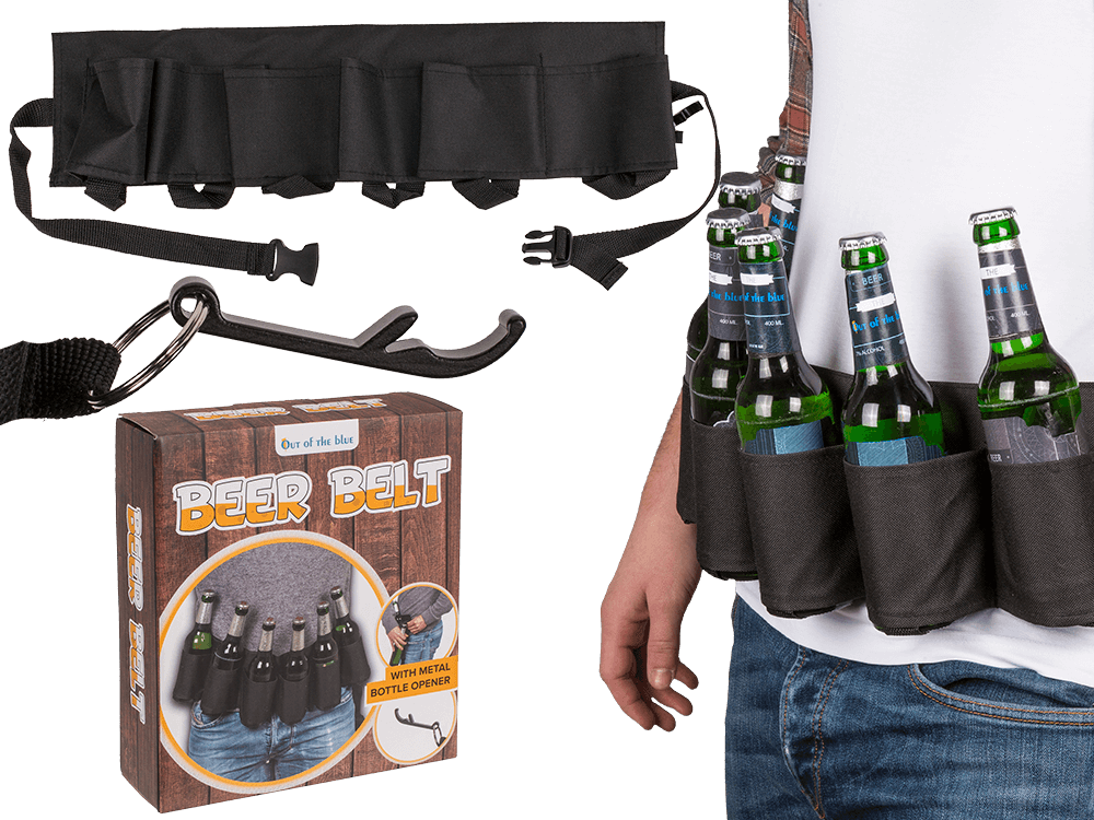 Black beer belt with metal bottle opener,