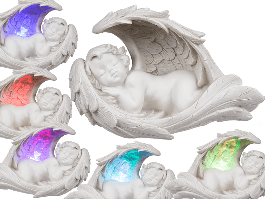 Sleeping polyresin angel in wings with colour,