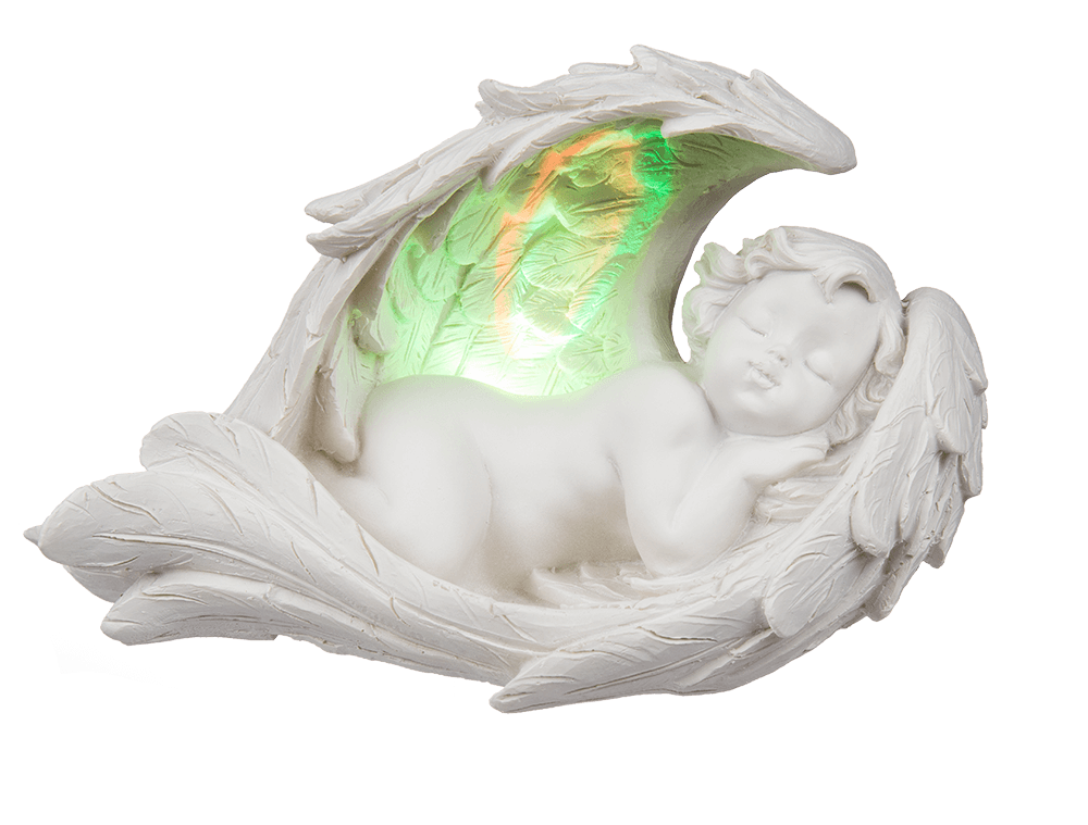 Sleeping polyresin angel in wings with colour,