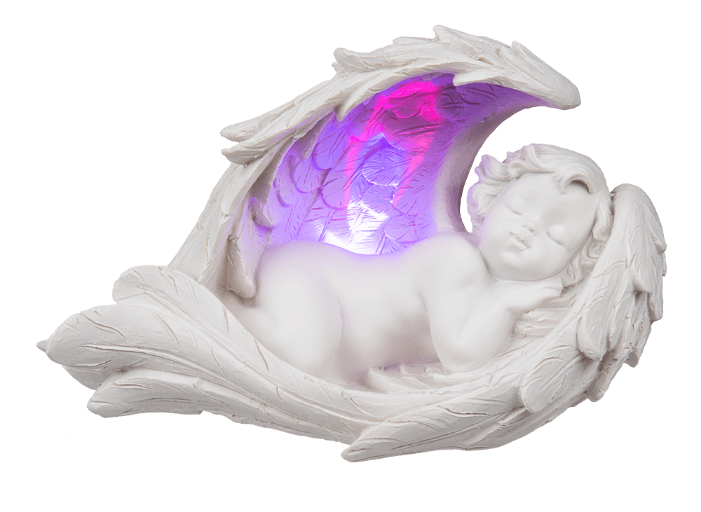 Sleeping polyresin angel in wings with colour,