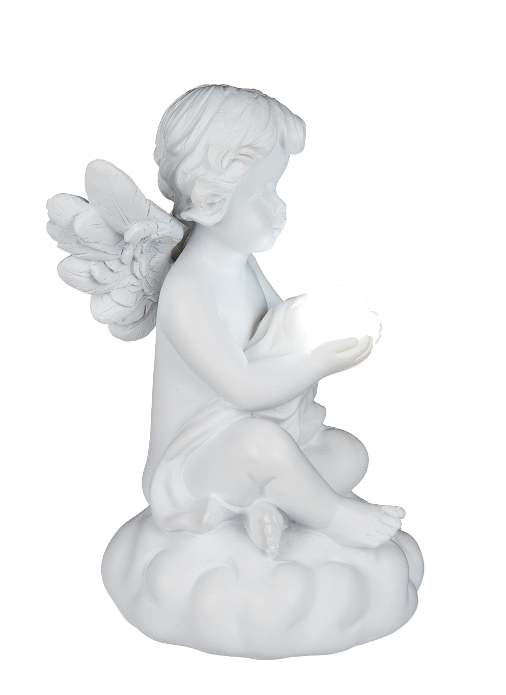 Sitting polyresin angel with white LED ball,