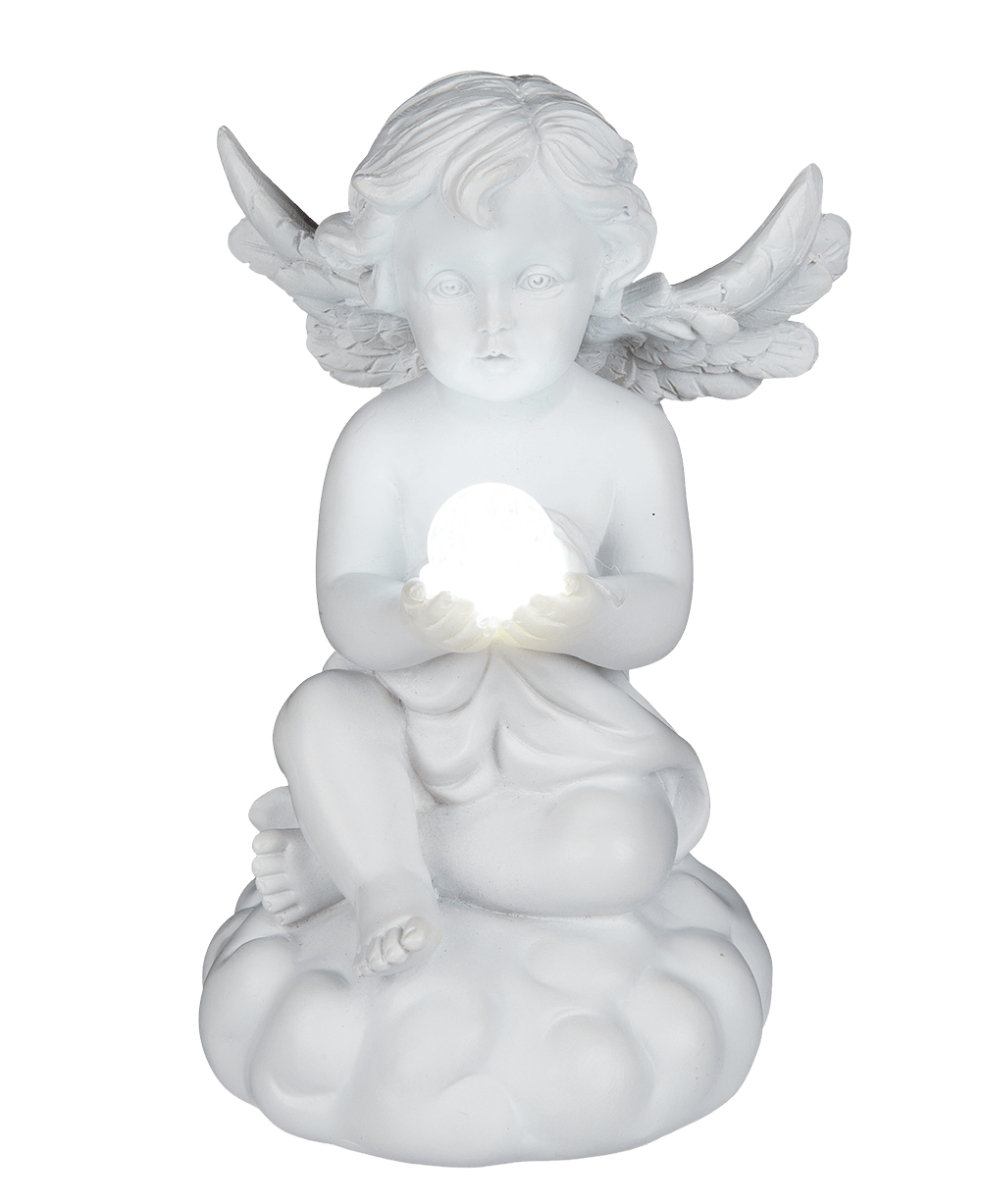 Sitting polyresin angel with white LED ball,