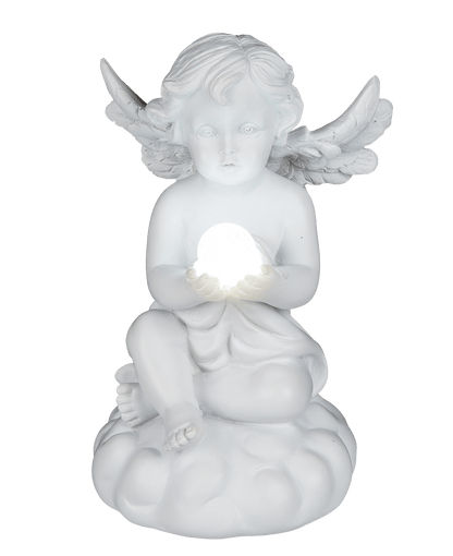 Sitting polyresin angel with white LED ball,