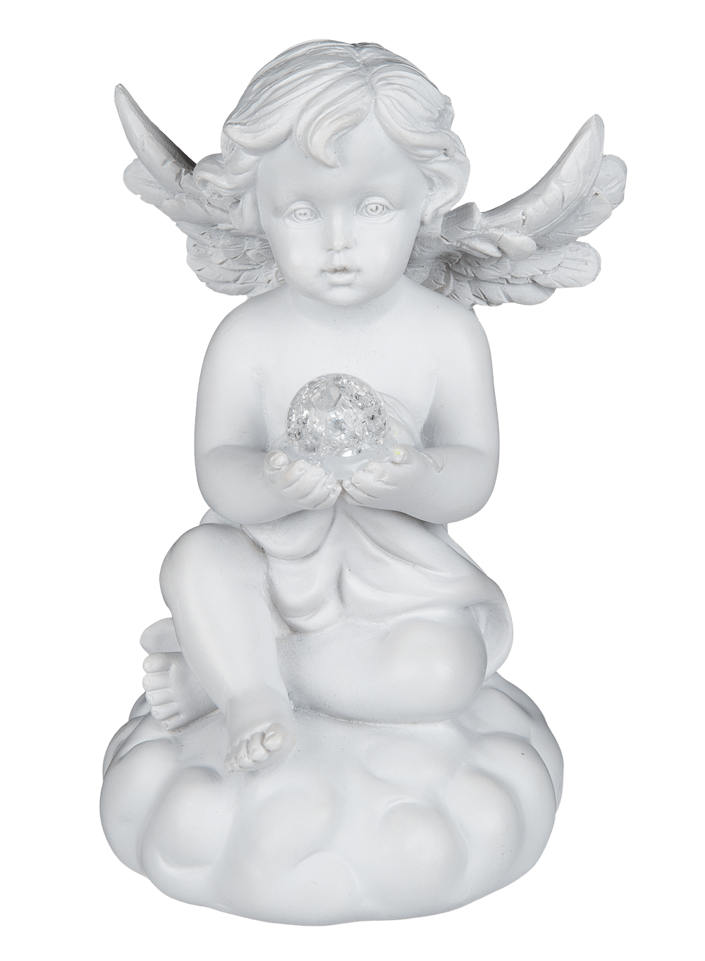 Sitting polyresin angel with white LED ball,