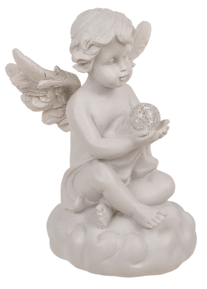 Sitting polyresin angel with white LED ball,
