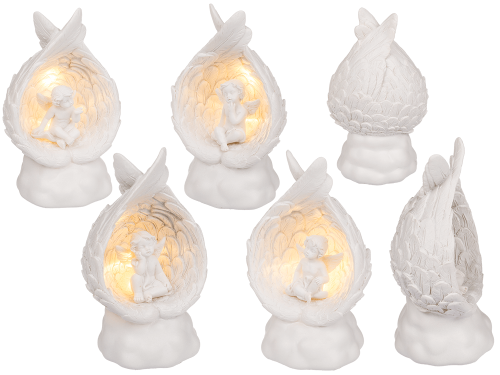 Sitting polyresin angel in wings with warmwhite,