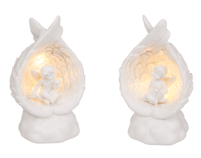 Sitting polyresin angel in wings with warmwhite,