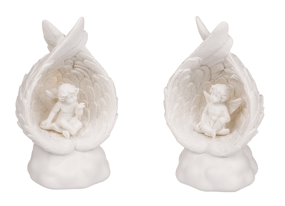 Sitting polyresin angel in wings with warmwhite,