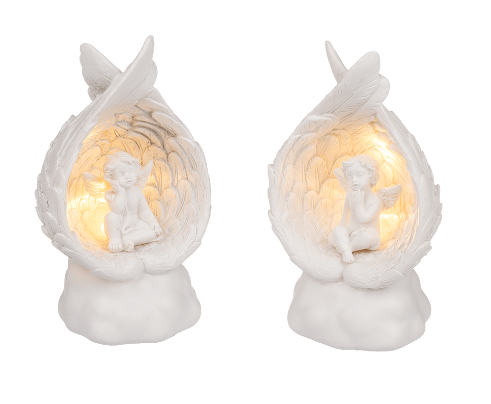 Sitting polyresin angel in wings with warmwhite,