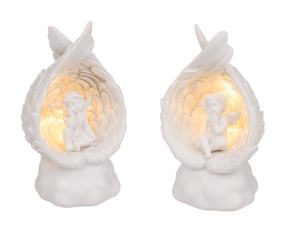 Sitting polyresin angel in wings with warmwhite,