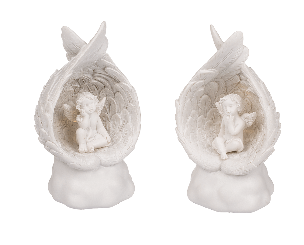 Sitting polyresin angel in wings with warmwhite,
