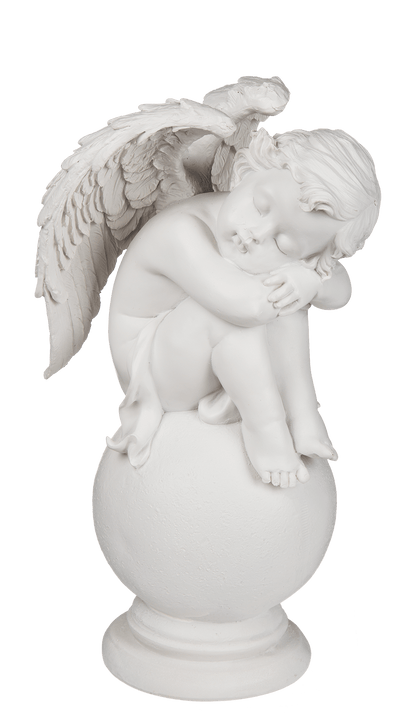 Sitting polyresin angel on ball,