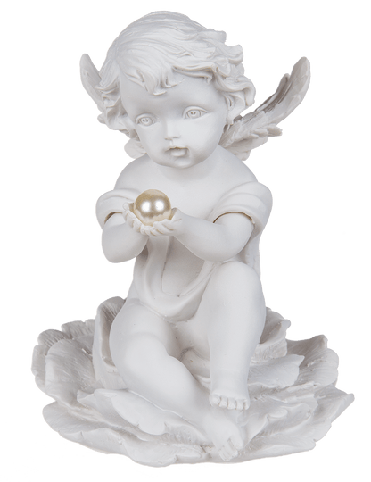 Sitting polyresin angel with pearl on flower,