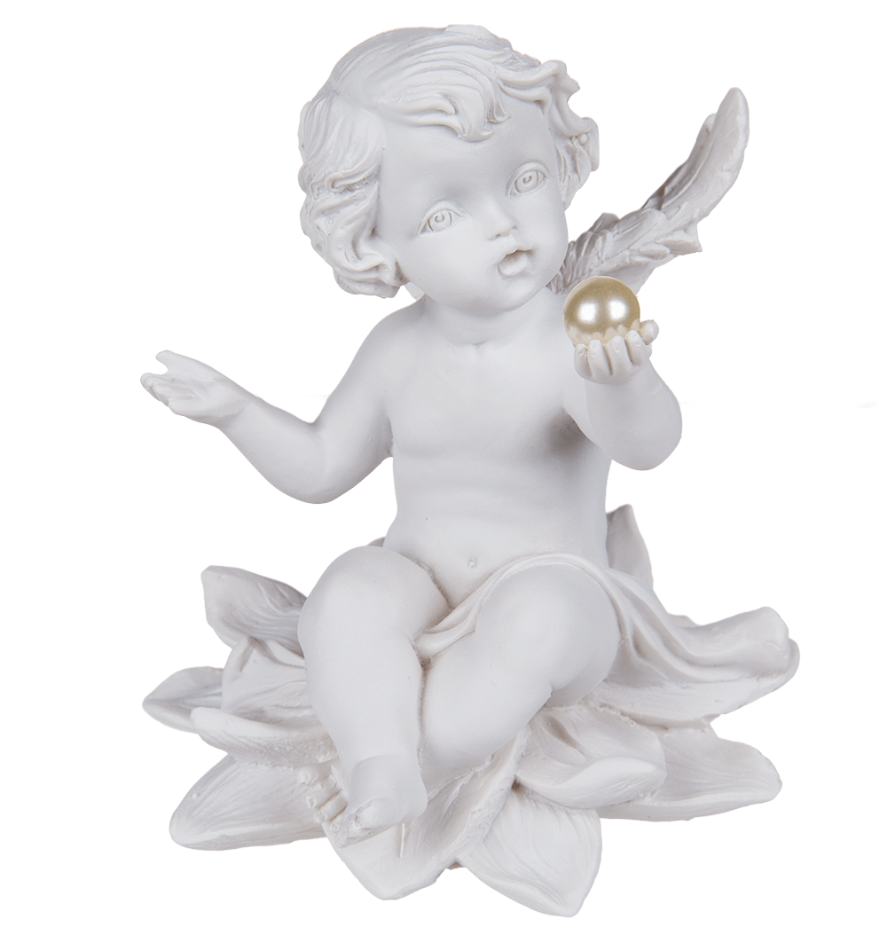 Sitting polyresin angel with pearl on flower,