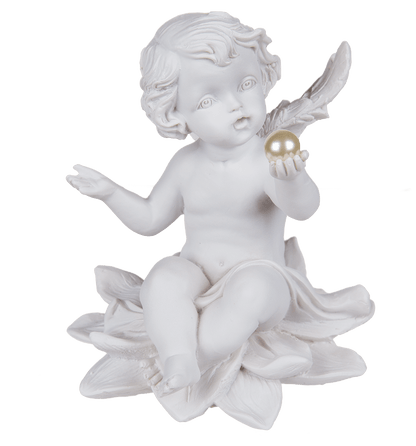 Sitting polyresin angel with pearl on flower,