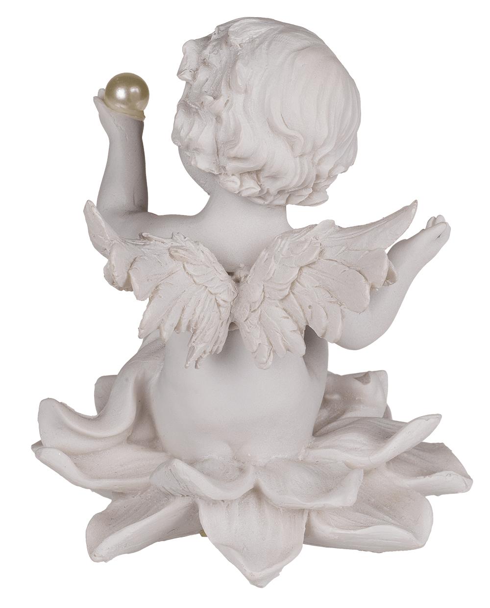 Sitting polyresin angel with pearl on flower,