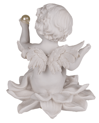 Sitting polyresin angel with pearl on flower,
