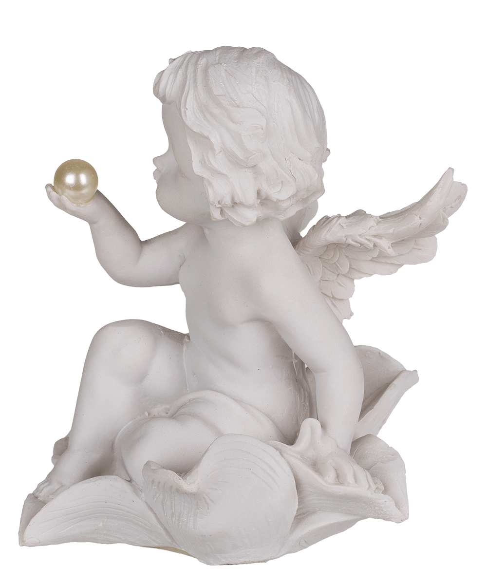 Sitting polyresin angel with pearl on flower,