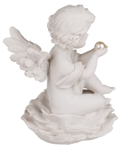Sitting polyresin angel with pearl on flower,