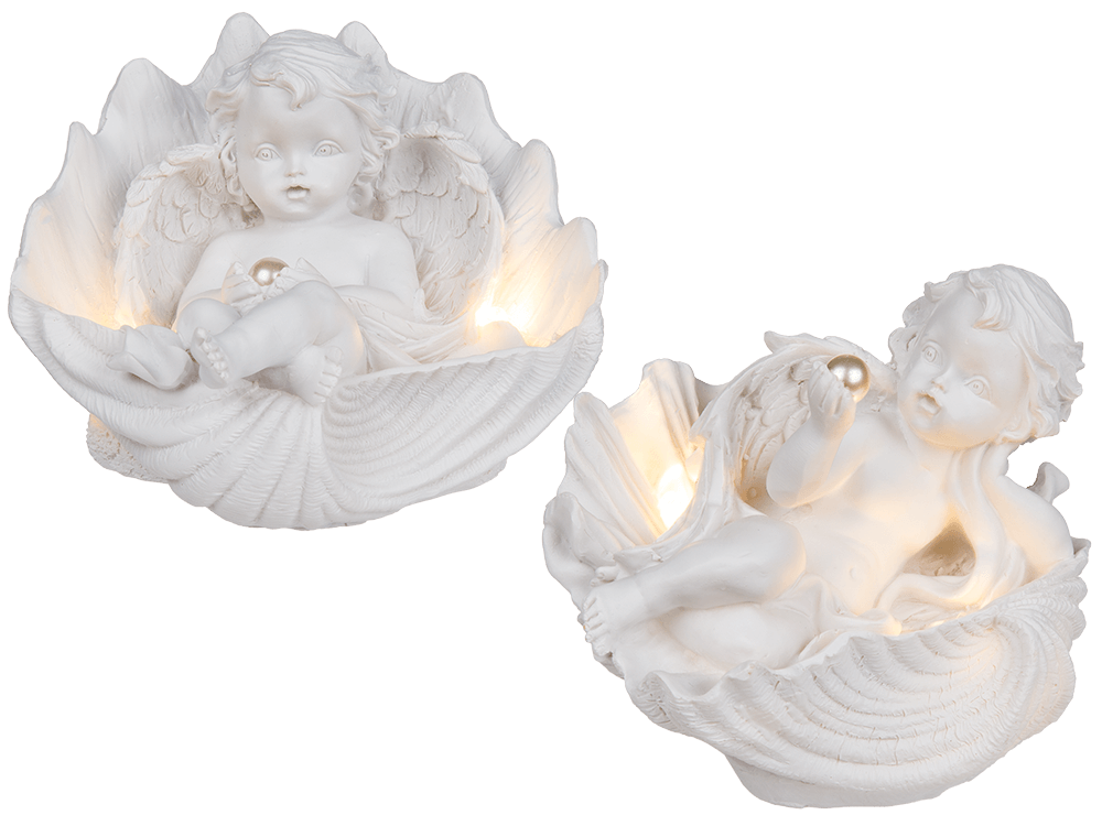 Lying polyresin angel with pearl in shell & LED,