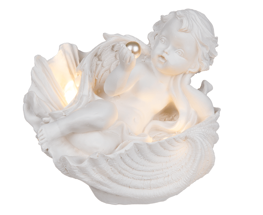 Lying polyresin angel with pearl in shell & LED,