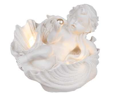 Lying polyresin angel with pearl in shell & LED,