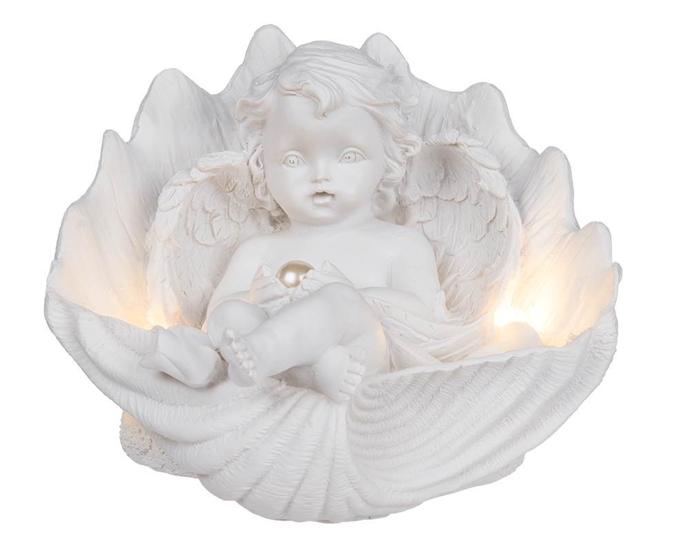 Lying polyresin angel with pearl in shell & LED,