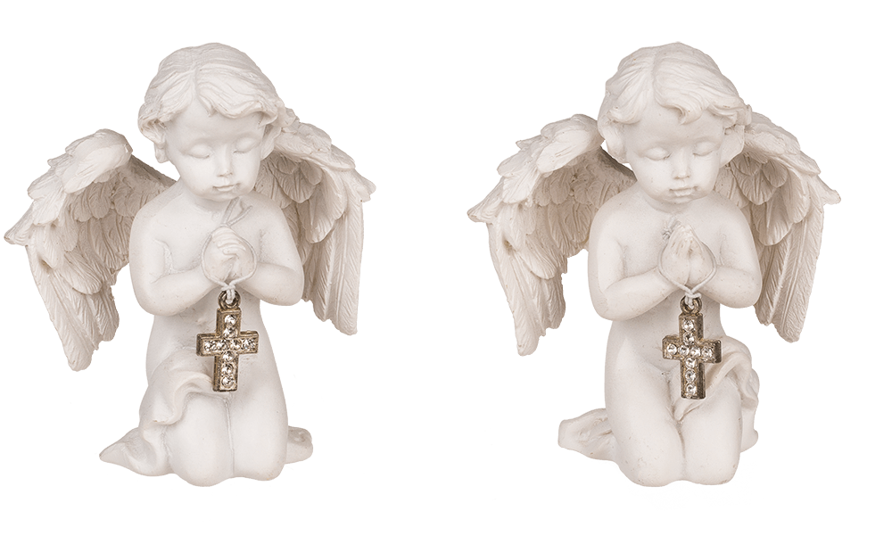 Kneeling polyresin angel with silver coloured,