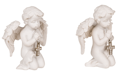 Kneeling polyresin angel with silver coloured,