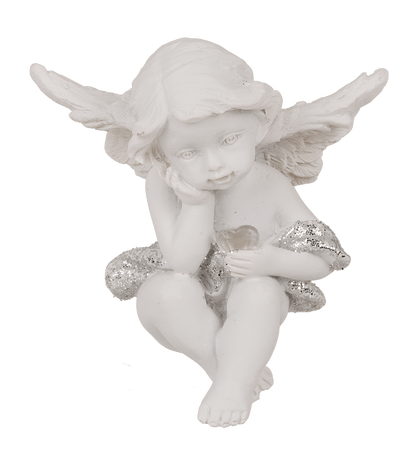 Sitting polyresin angel with crystal heart,