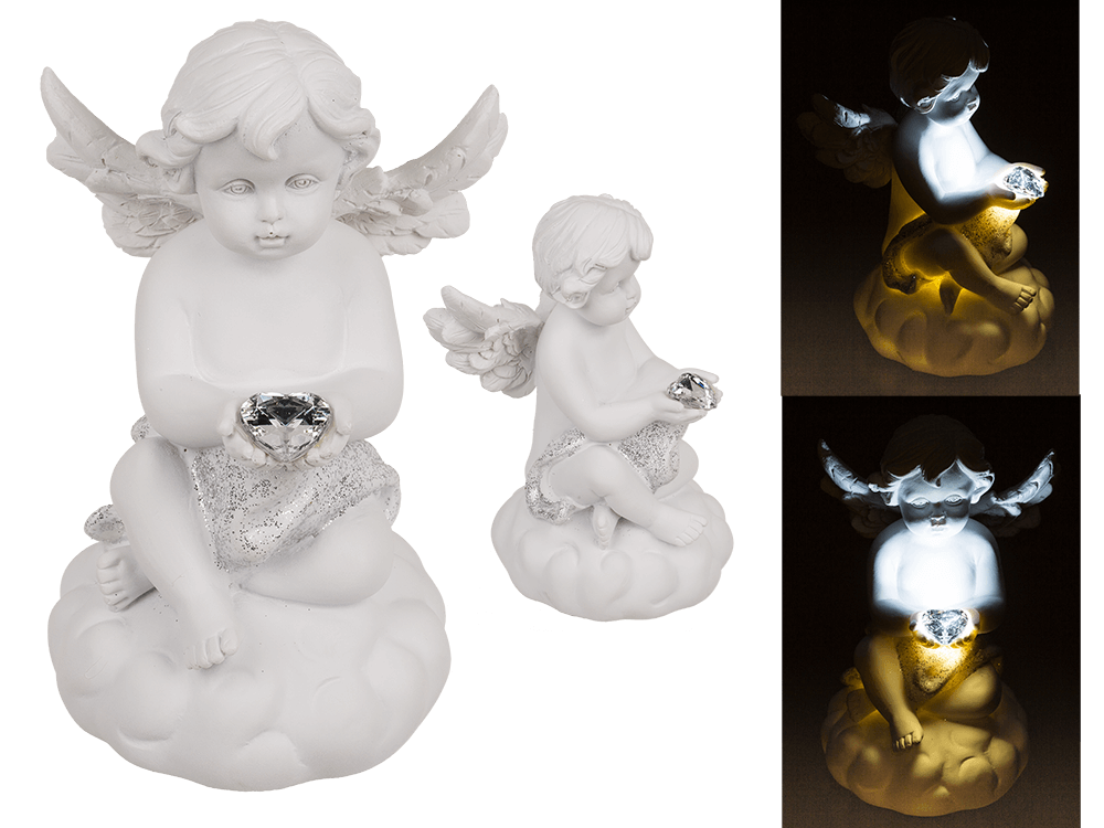 Sitting polyresin angel with white LED heart,