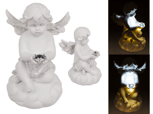 Sitting polyresin angel with white LED heart,