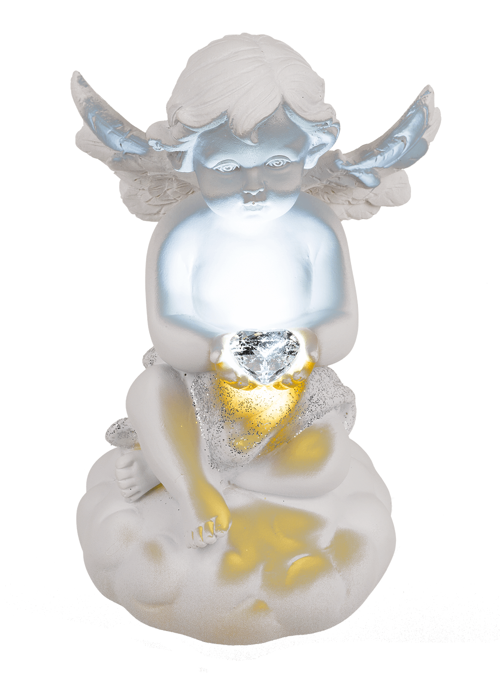 Sitting polyresin angel with white LED heart,