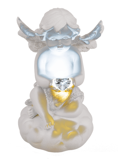 Sitting polyresin angel with white LED heart,