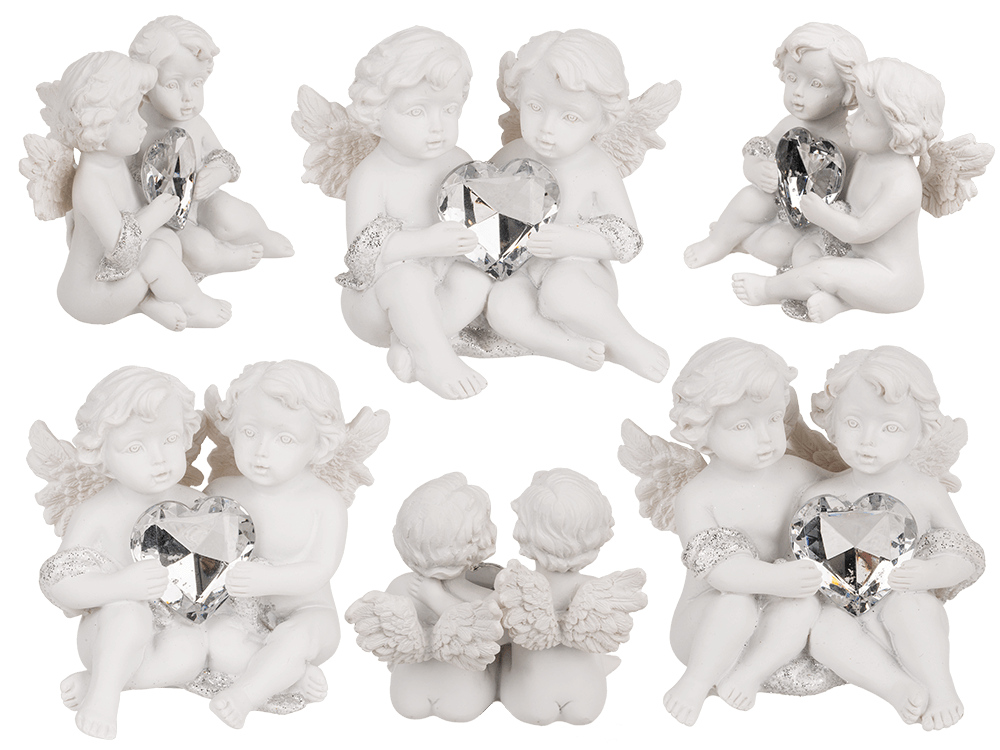 Sitting polyresin double angels with crystal heart