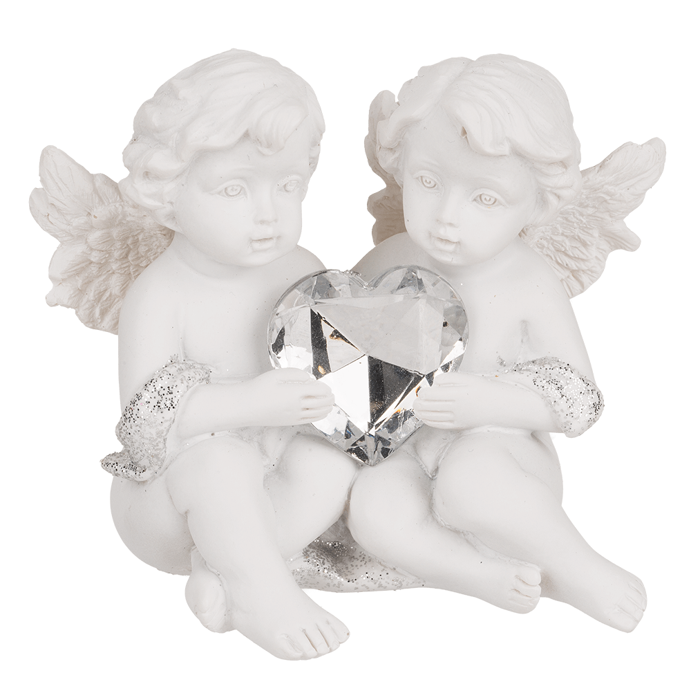 Sitting polyresin double angels with crystal heart