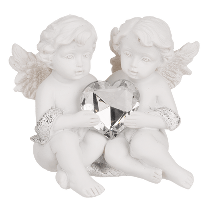 Sitting polyresin double angels with crystal heart