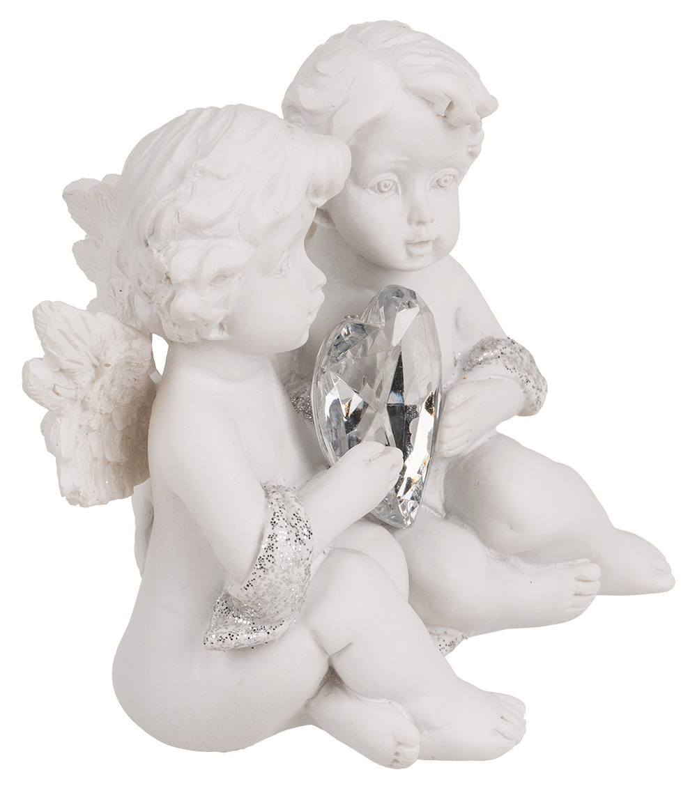 Sitting polyresin double angels with crystal heart