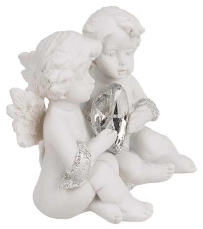 Sitting polyresin double angels with crystal heart