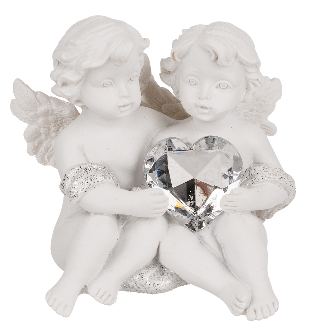 Sitting polyresin double angels with crystal heart