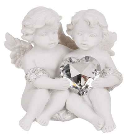 Sitting polyresin double angels with crystal heart