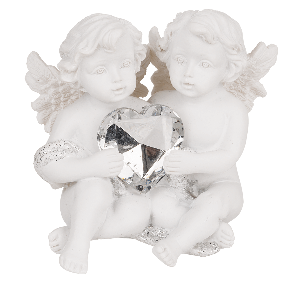 Sitting polyresin double angels with crystal heart