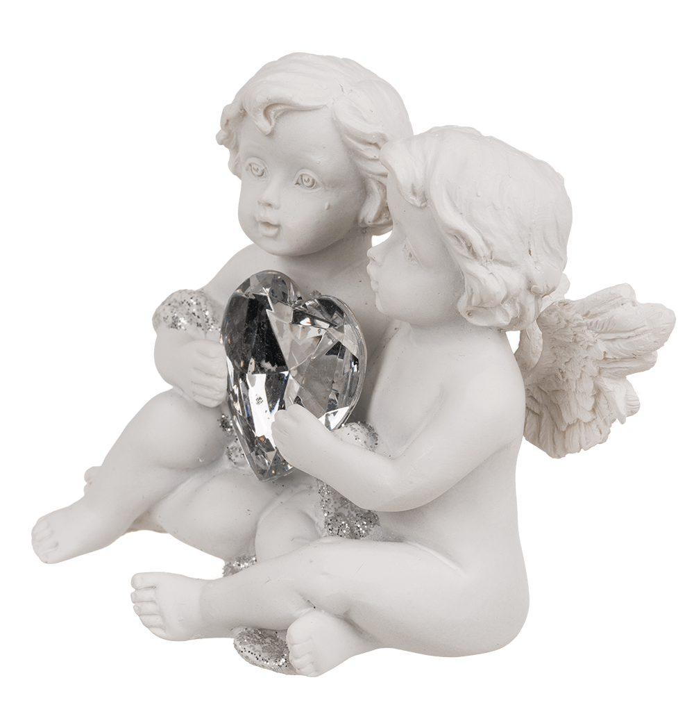 Sitting polyresin double angels with crystal heart