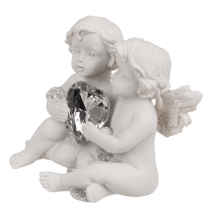 Sitting polyresin double angels with crystal heart