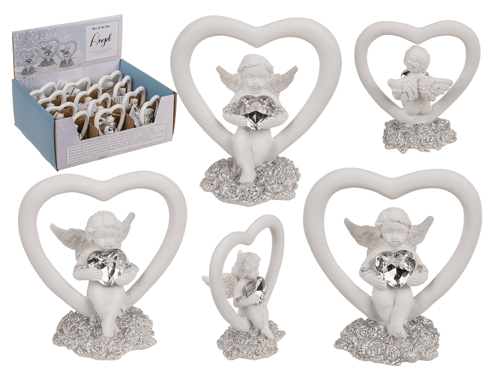 Sitting polyresin angel in heart with crystal