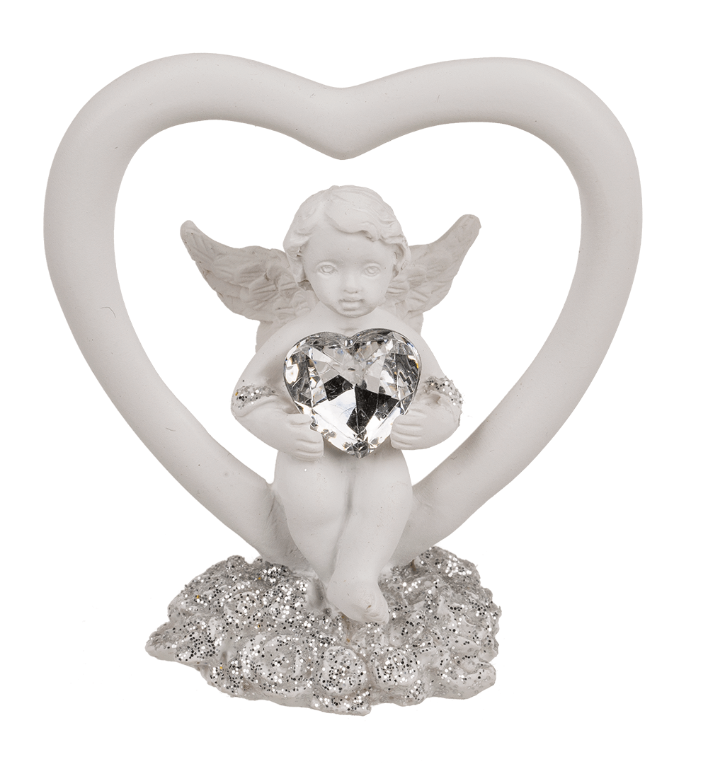 Sitting polyresin angel in heart with crystal