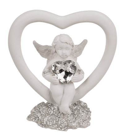 Sitting polyresin angel in heart with crystal