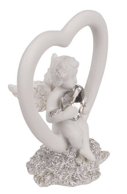 Sitting polyresin angel in heart with crystal